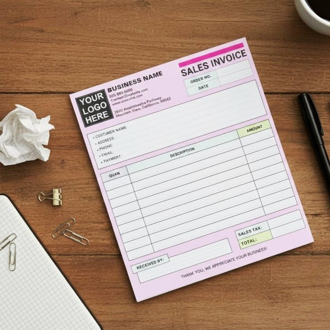 Sales Invoice Receipts | Pink Small Business Logo Anteckningsblock (seller receipt pad, customer purchase order book)