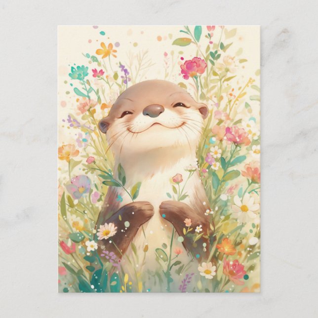 Salig utter i solig äng med vilda blommor vykort (Framsida)