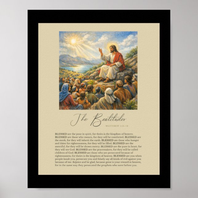 Saligprisningarna Matteus 5:3–12 Bergspredikan Poster (Framsidan)