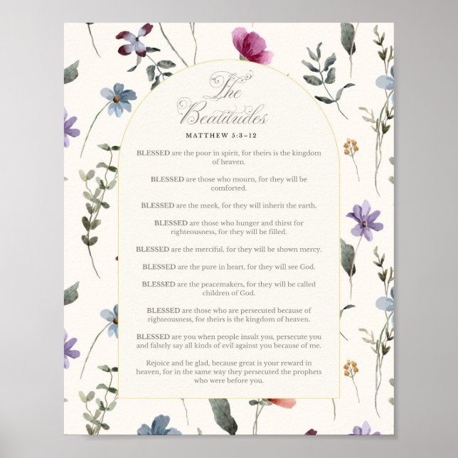 Saligprisningarna Matteus 5:3–12 Blommig skrifttex Poster (Framsidan)