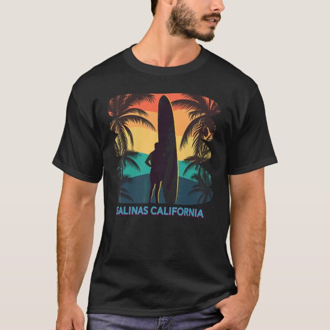 Salinas California Palm Tree Surfboard Surfer Surf T Shirt (Framsida)