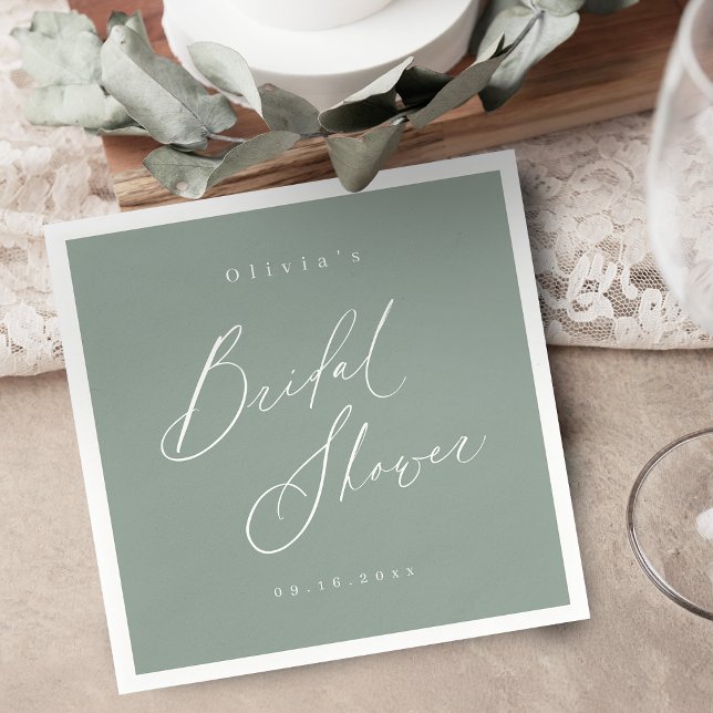 Sälj Gröntens moderna skript med minimal möhippa Pappersservett (Sage Green modern script minimal bridal shower Napkins)