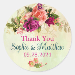 Sälj, Rosa, Grönt, Guld Fet Blommigt Bröllop Runt Klistermärke