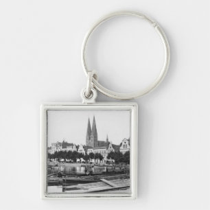 Sälja trä på floden Trave, Lubeck, c.1910 Fyrkantig Silverfärgad Nyckelring