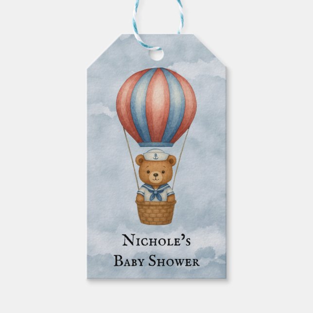 Säljaren Bear Luftballong Boy Shower Presentetikett (Framsidan)