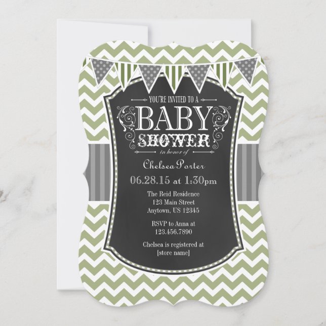 Säljaren Olive Chalkboard Chevron Baby Shower Inbj Inbjudningar (Framsida)