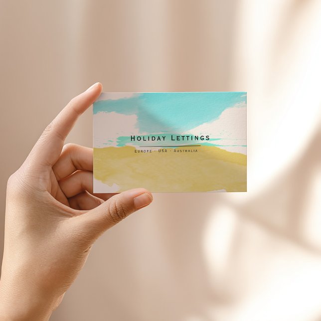 Sallat från blå himmel och gult visitkort (Beach watercolor business card with modern black text, travel and holiday lettings theme.)