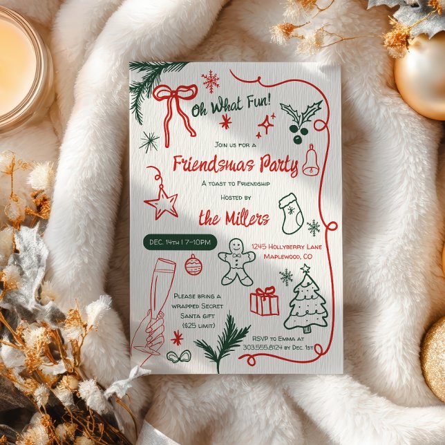Sällsam Julfirande med Röda och Gröna Vänner Inbjudningar (Quirky Illustrated Red Green Friendsmas Christmas Invitation)