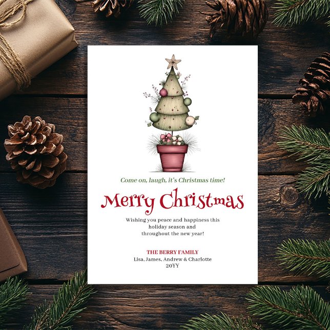 Sällsam julgran gratulationskort i tecknad stil julkort (Quirky cartoon Christmas tree greeting card

)