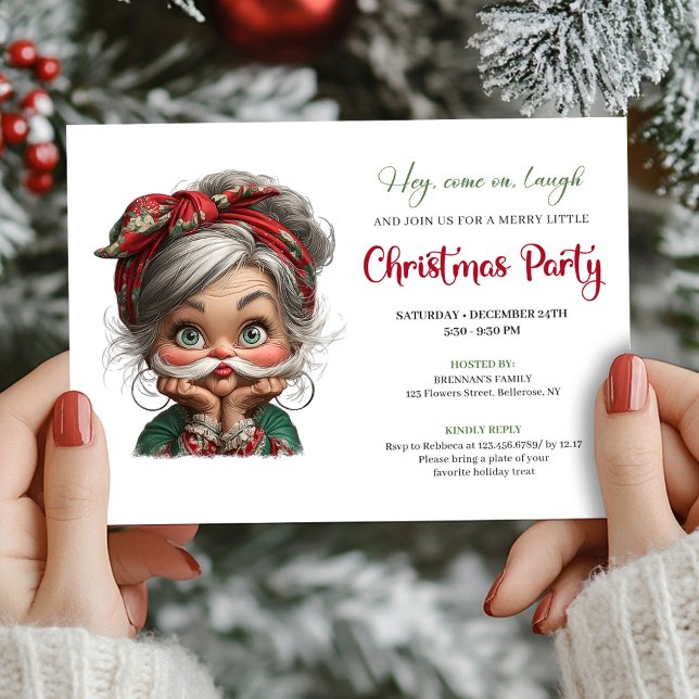 Sällsam julgrannemossa Xmas-festinvitation Inbjudningar (Quirky Cartoon Granny Happy Xmas Event Invitation)