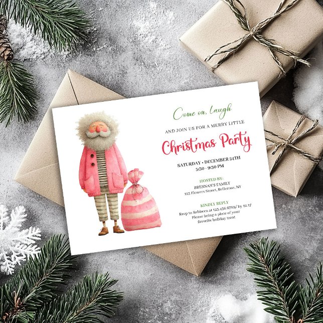 Sällsam julgransnisse i rosa minimalistisk julfest inbjudningar (Quirky pink santa minimalist Christmas party invitation card

)
