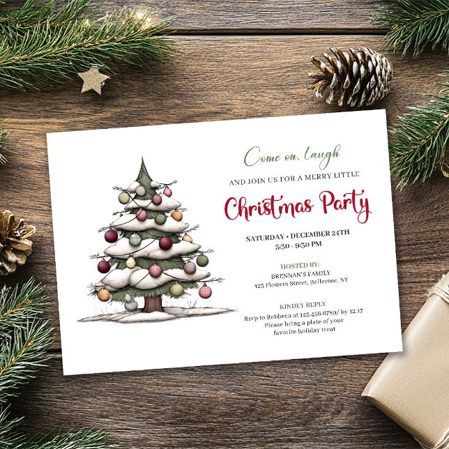 Sällsam målad julgran modern inbjudan till högtid (Quirky hand painted tree modern holiday invitation)