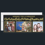 Sällsam Politisk Korrekt 3 Foto Svart & Guld Julkort<br><div class="desc">Den här roliga, politiskt korrekta julkortet täcker alla tänkbara önskningar. Greetingskortet lyder "Wishing you a Fabulous ChristmaSolsticHanukKwanzaa!" - en sammanblandning av orden jul, solstånd, hanukkah och kwanzaa till ett långt ord. Texten är skriven med en fantasifullt gyllene teckensnitt på svart bakgrund och det finns plats för att ladda upp tre...</div>