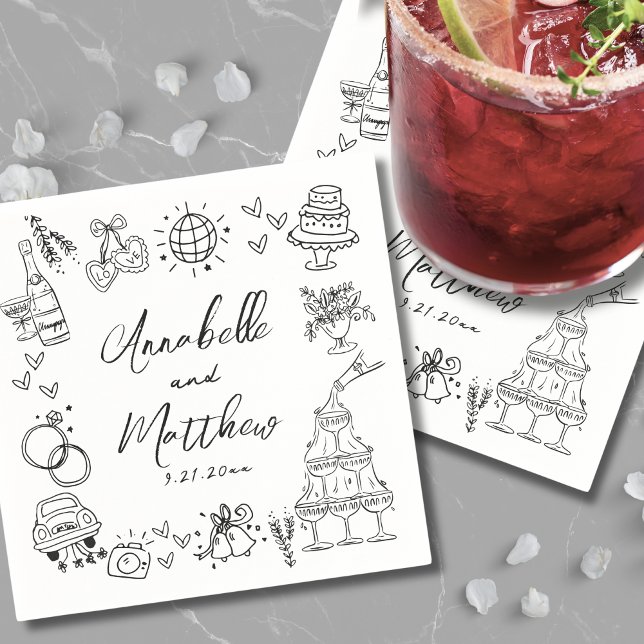 Sällsam Rolig Handritad Whimsisk Bröllop Pappersservett (Quirky Fun Hand Drawn Whimsical Wedding Napkins)