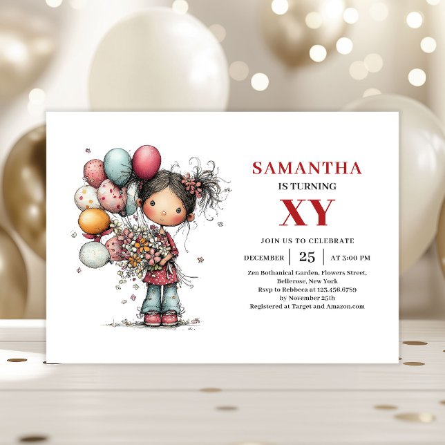 Sällsam serieteckning flicka födelsedagsinbjudan inbjudningar (Quirky Cartoon Girl Birthday invitation)