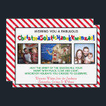 Sällsamt kul Trefotografis inkluderande fantasiful Julkort<br><div class="desc">Det här roliga och udda julkortet har tre foton och en humoristisk, politiskt korrekt text som lyder "Wishing you a Fabulous ChristmaSolsticHanukKwanzaa!" - en sammanblandning av orden jul, solstånd, hanukkah och kwanzaa till ett långt roligt ord. Bakgrunden är röd-vitrandig som godis och det finns ett meddelande som lyder "May the...</div>
