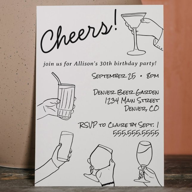 Sällsamt Whimsical Handritad Skål Party Inbjudningar (Hand drawn whimsical quirky funky cheers cocktail birthday party invitation modern black and white )