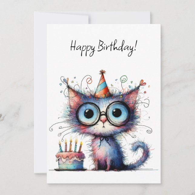Sällsamt Whimsical Katt Festhatt Tårta Födelsedag Kort (Framsida)