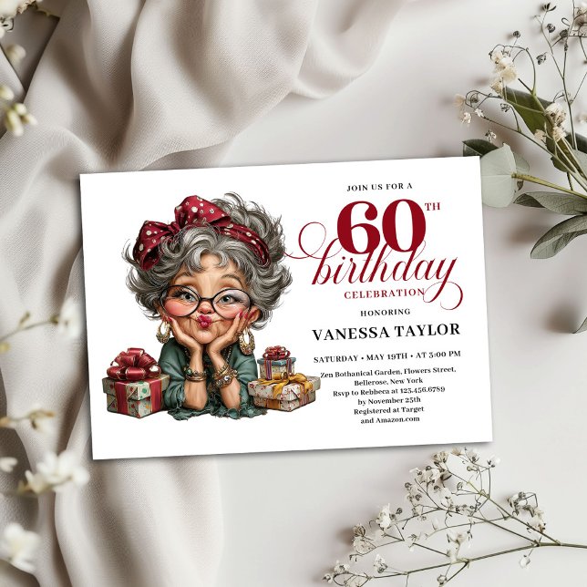 Sallskaplig rolig dam 60-års födelsedagsinbjudan m inbjudningar (Quirky Funny Lady 60th Birthday Invite Template)