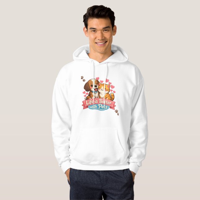 Sällskapsdjur Älskare Vit Hoodie | Söt Hund & Katt (Hel framsida)