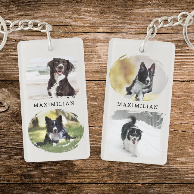 Sällskapshund 4-Foto Anpassat Namn (A keychain with four of your favorite pet photos, two on each side, with your pet's name)