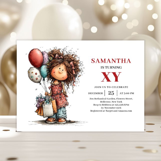 Sallskild födelsedagsinbjudan för flicka med konst inbjudningar (Quirky Whimsical Girl Birthday Funky invitation)