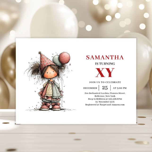 Sallskild Söt Liten Flickas Drömvärld Födelsedagsi Inbjudningar (Quirky Cute Little Girl Whimsy Birthday Invitation

)