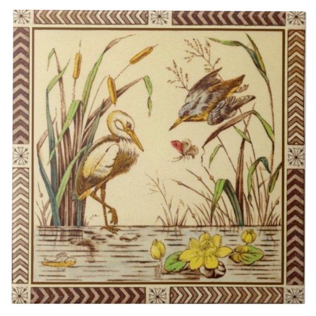 Sällsynt Aesthetic Nature Pond Life 1880s Tile Rep Kakelplatta (Framsidan)