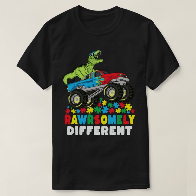 Sällsynt annorlunda T Rex Monster Lastbil Autism Shirt (Design framsida)