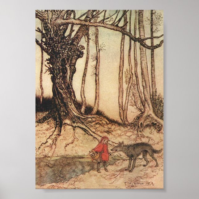sällsynt Arthur Rackham Rödluvan & Varg Tryck (Framsidan)