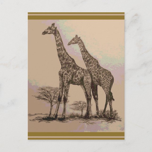 Sällsynt Retro African Giraffes in Sepia & Pastels Vykort (Framsida)