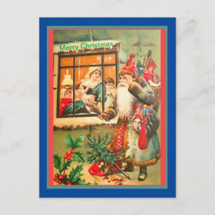 Sällsynt Vintage Santa, Blue Jacka, Red Hat, Brown Vykort