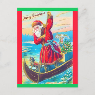 Sällsynt Vintage Santa Permanent i Canoe, Päls Hat Vykort