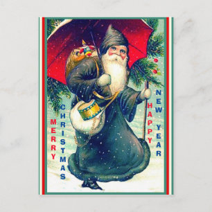 Sällsynt Vintage Santa w/ Red Parbrella, Black Clo Vykort