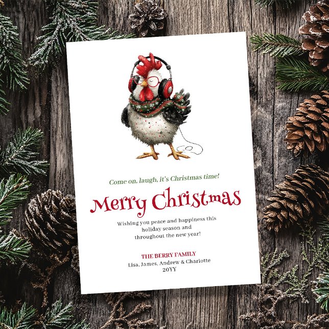 Sällsynta Kycklingar Julhälsningskort Utskriftbart Julkort (Quirky Chickens Holiday Greeting Card Printable)