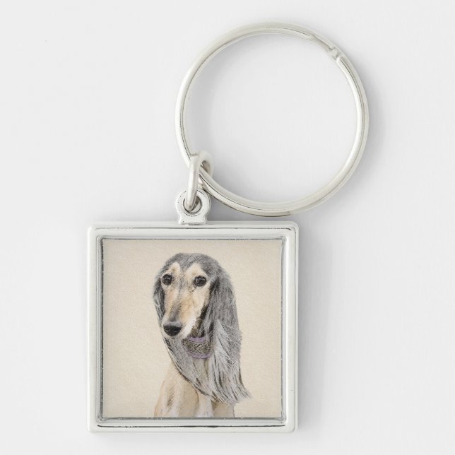 Salluki-målning (Fawn) - Cute Original Hund Art Fyrkantig Silverfärgad Nyckelring (Framsidan)
