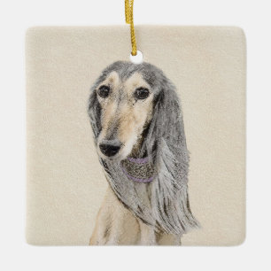 Salluki-målning (Fawn) - Cute Original Hund Art Julgransprydnad Keramik
