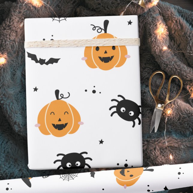 Sallvedspikar, spindlar och Fladdermus Halloween Presentpapper (Cute Pumpkins, Spiders And Bats Halloween Wrapping Paper)