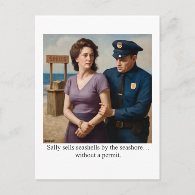 Sally säljer siashceller vid kusten vykort (Framsida)