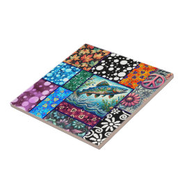 Salmon Crazy Quilt Floral Whimsical Colorful Kakelplatta