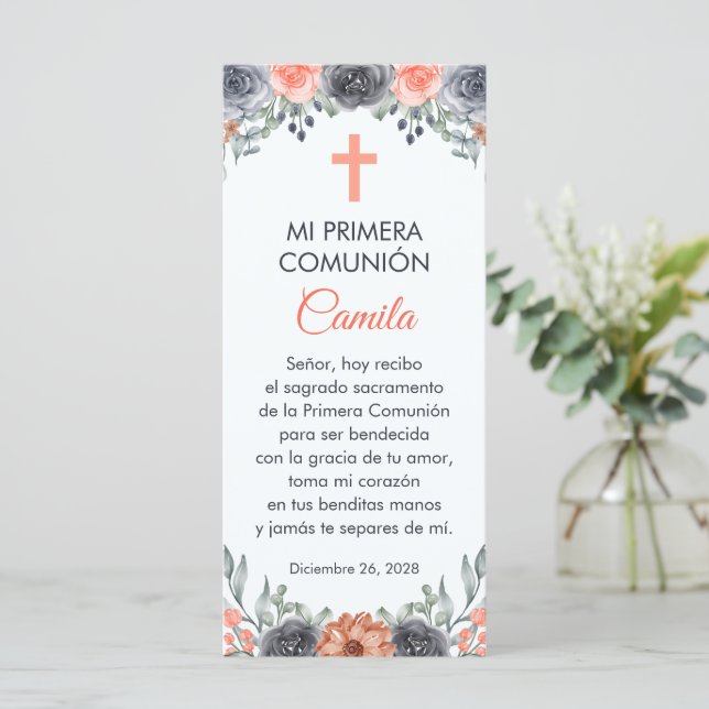 Salmon Färgad Flowers First Communion Bookmark (Stående Fram)