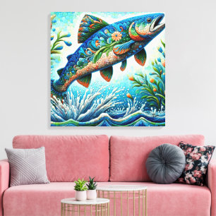 Salmon Jumping Mosaic Blommigt Blue Grönt Peach Canvastryck