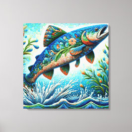 Salmon Jumping Mosaic Blommigt Blue Grönt Peach Canvastryck