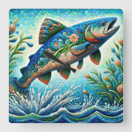 Salmon Jumping Mosaic Blommigt Blue Grönt Peach Fyrkantig Klocka
