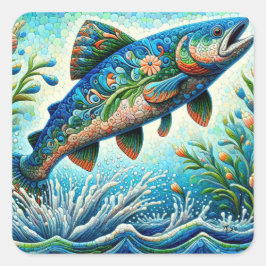 Salmon Jumping Mosaic Blommigt Blue Grönt Peach Fyrkantigt Klistermärke
