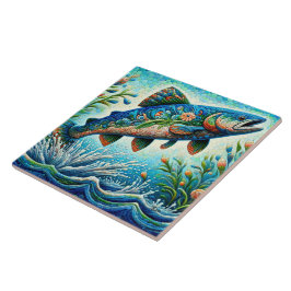 Salmon Jumping Mosaic Blommigt Blue Grönt Peach Kakelplatta