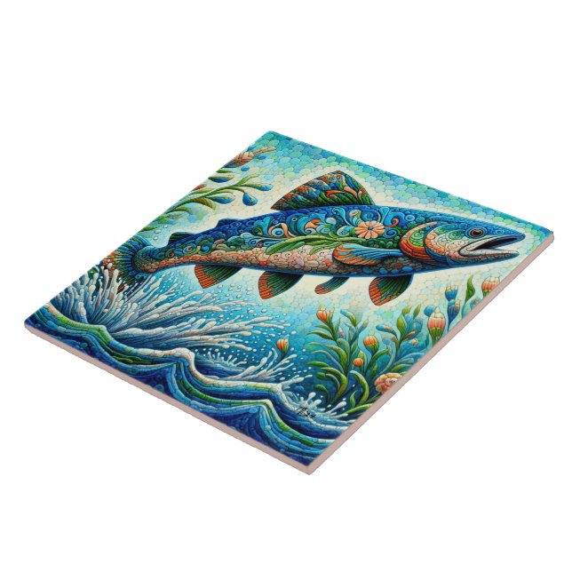 Salmon Jumping Mosaic Blommigt Blue Grönt Peach Kakelplatta (Sidan)