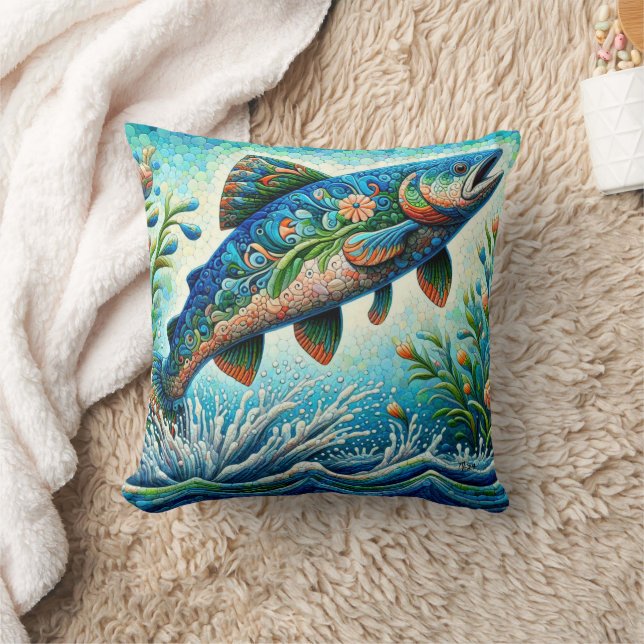 Salmon Jumping Mosaic Blommigt Blue Grönt Peach Kudde (Filt)