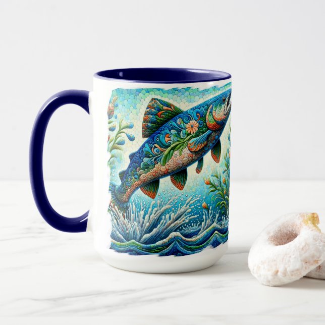 Salmon Jumping Mosaic Blommigt Blue Grönt Peach Mugg (Med munk)