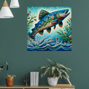 Salmon Jumping Mosaic Blommigt Blue Grönt Peach Poster
